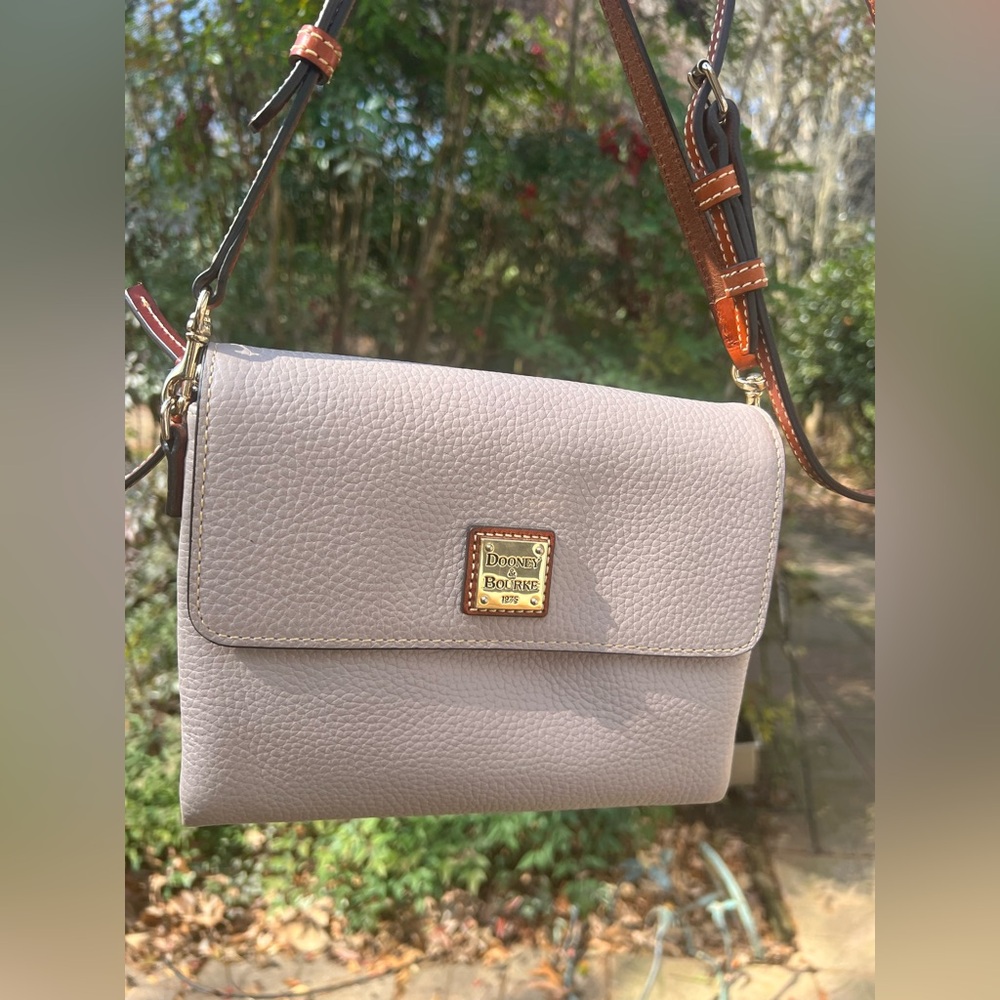 Dooney & Bourke Light Taupe Pebbled Leather Crossbody with Brown Strap Accents